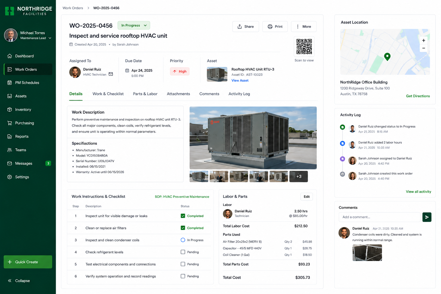 CoreFM asset management — work order details, asset info, location, and checklist