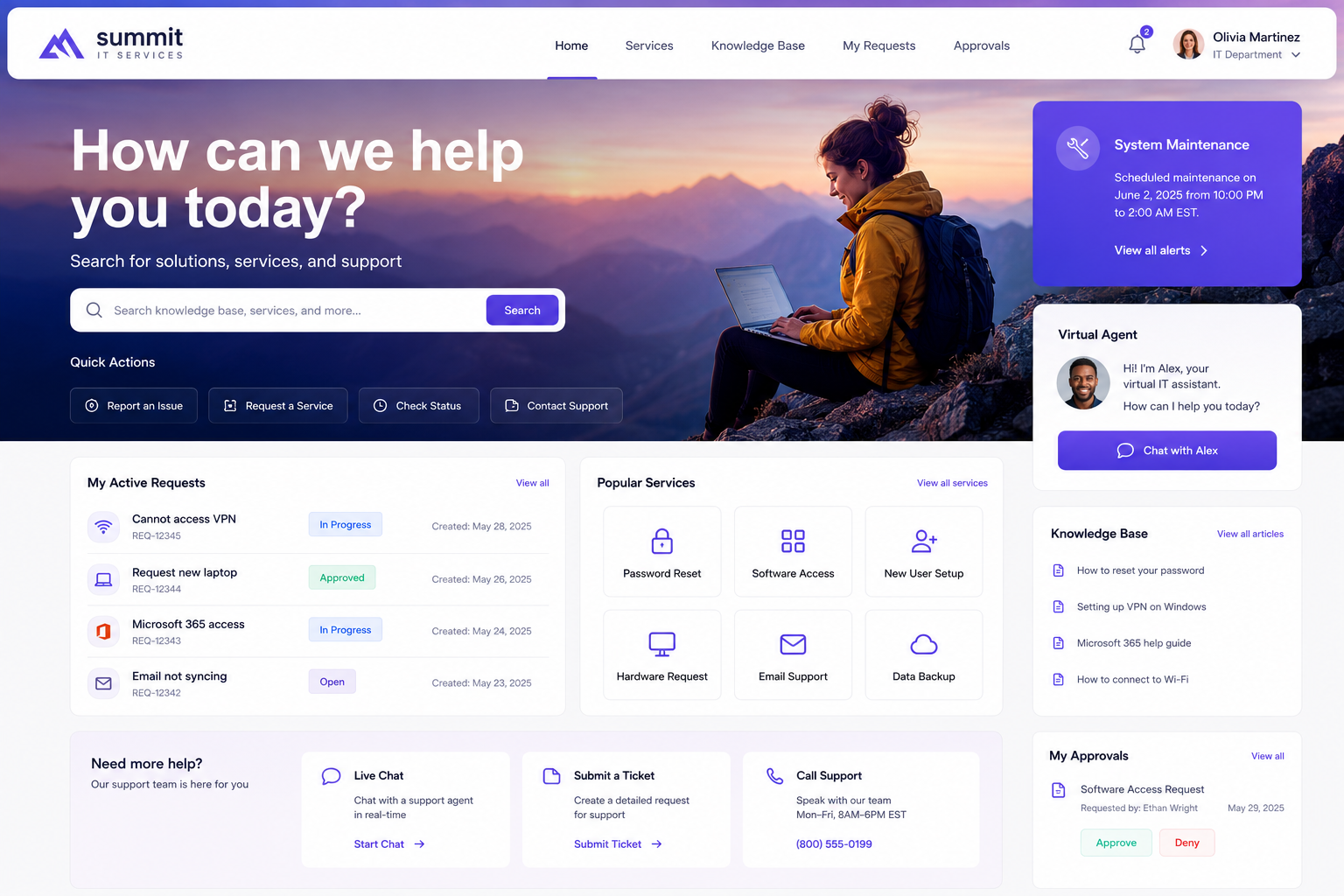 Dunder Mifflin IT Services portal — service catalog, requests, and announcements