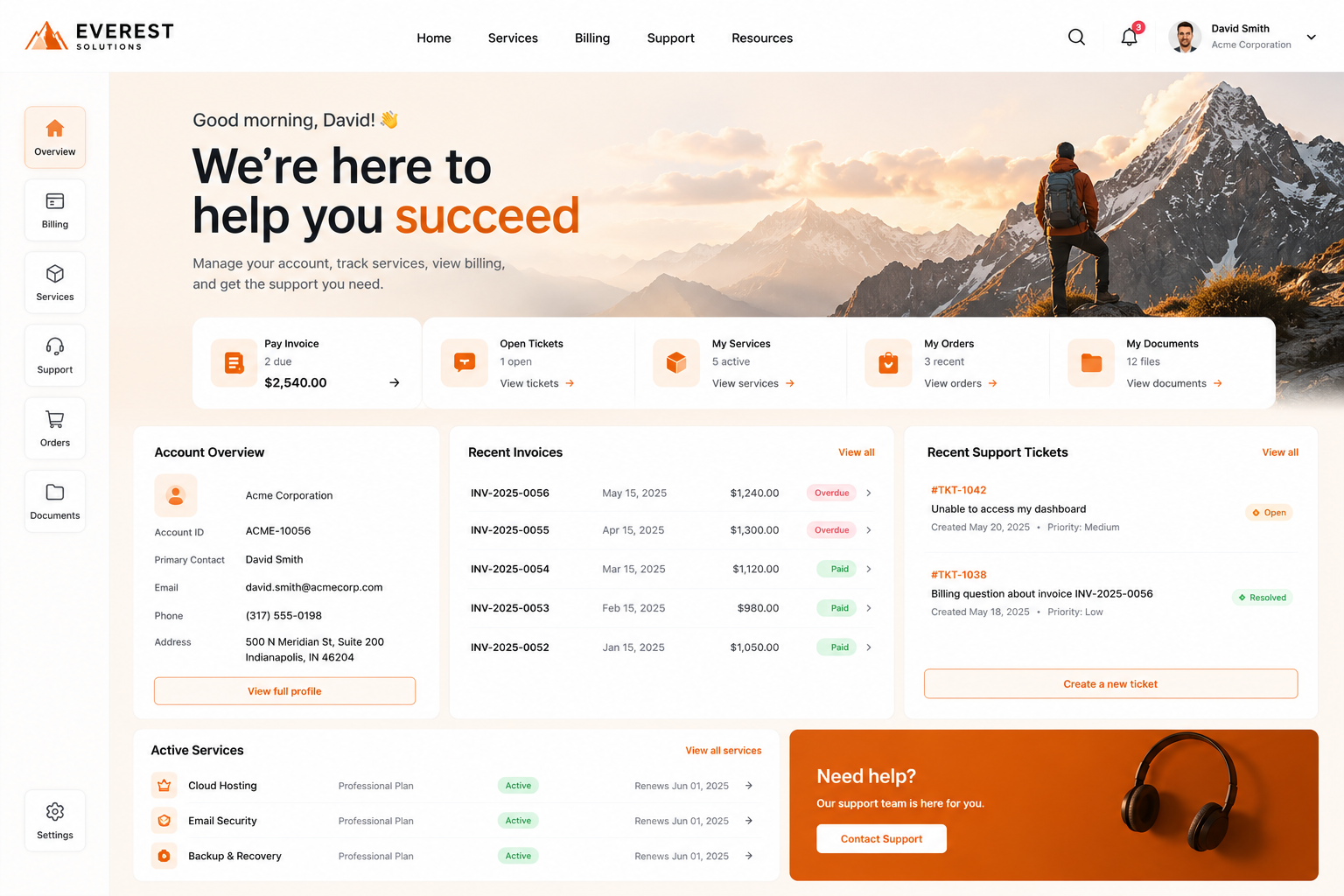 Solaris Platform client portal — account overview, invoices, support tickets, and shared documents