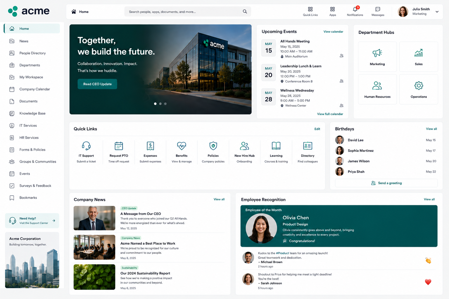 Dunder Mifflin company intranet — announcements, departments, events, and quick links