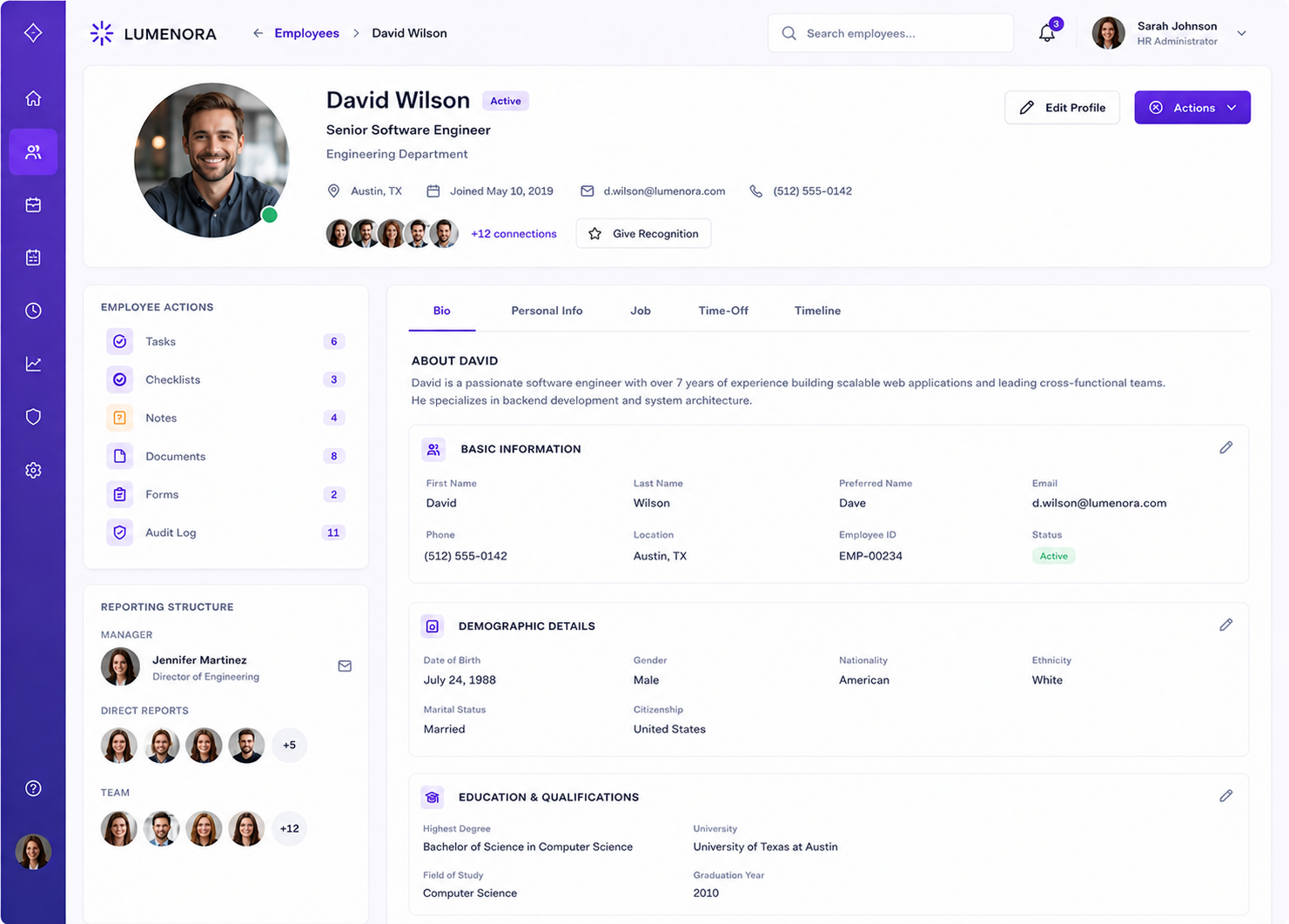 Luminary Holdings HR portal — employee profile with personal info, demographics, and reporting structure